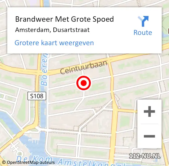 Locatie op kaart van de 112 melding: Brandweer Met Grote Spoed Naar Amsterdam, Dusartstraat op 15 augustus 2018 07:46