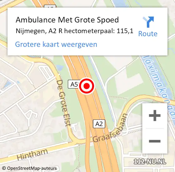 Locatie op kaart van de 112 melding: Ambulance Met Grote Spoed Naar Nijmegen, A2 R hectometerpaal: 115,1 op 16 augustus 2018 11:28