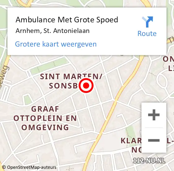 Locatie op kaart van de 112 melding: Ambulance Met Grote Spoed Naar Arnhem, St. Antonielaan op 17 augustus 2018 14:42