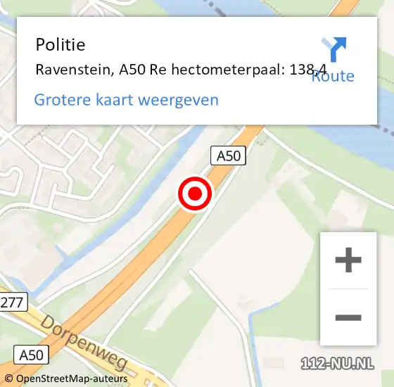 Locatie op kaart van de 112 melding: Politie Ravenstein, A50 Re hectometerpaal: 138,5 op 17 augustus 2018 17:34