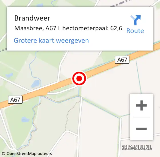 Locatie op kaart van de 112 melding: Brandweer Maasbree, A67 Re hectometerpaal: 60,4 op 17 augustus 2018 22:44