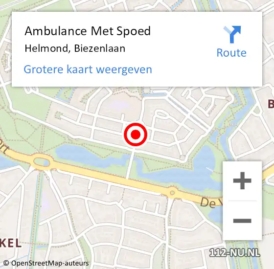 Locatie op kaart van de 112 melding: Ambulance Met Spoed Naar Helmond, Biezenlaan op 18 augustus 2018 09:03