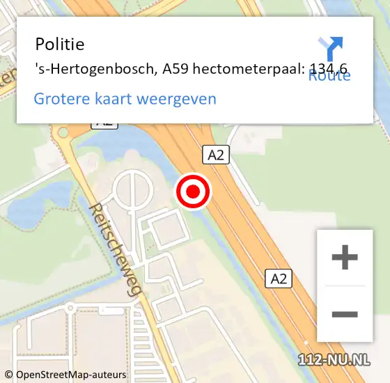 Locatie op kaart van de 112 melding: Politie 's-Hertogenbosch, A59 hectometerpaal: 134,6 op 18 augustus 2018 12:15