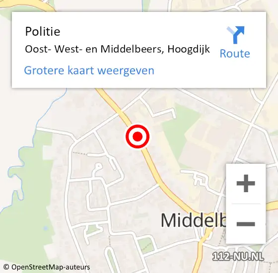 Locatie op kaart van de 112 melding: Politie Oost West En Middelbeers, Hoogdijk op 18 augustus 2018 12:42