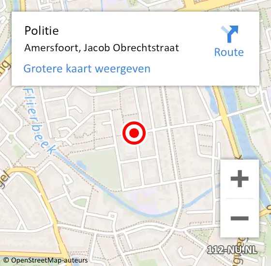 Locatie op kaart van de 112 melding: Politie Amersfoort, Jacob Obrechtstraat op 18 augustus 2018 19:48