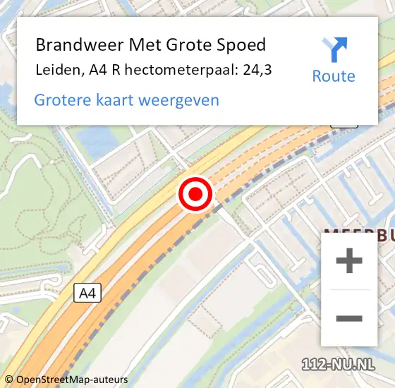Locatie op kaart van de 112 melding: Brandweer Met Grote Spoed Naar Leiden, A4 R hectometerpaal: 24,3 op 18 augustus 2018 21:32