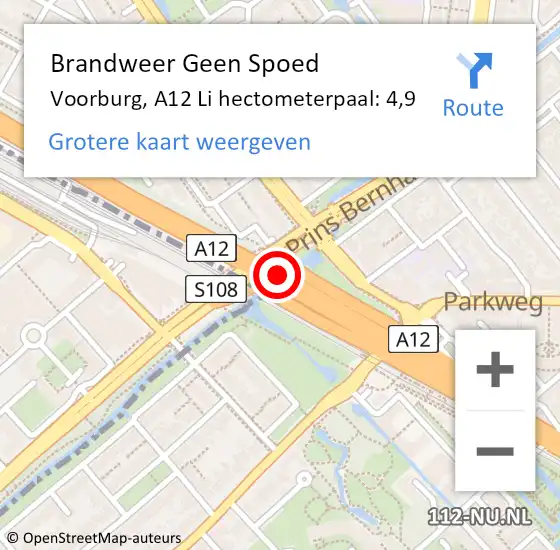 Locatie op kaart van de 112 melding: Brandweer Geen Spoed Naar Voorburg, A12 Li hectometerpaal: 4,9 op 18 augustus 2018 22:41