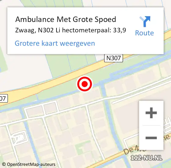 Locatie op kaart van de 112 melding: Ambulance Met Grote Spoed Naar Zwaag, N302 Li hectometerpaal: 33,9 op 19 augustus 2018 17:41