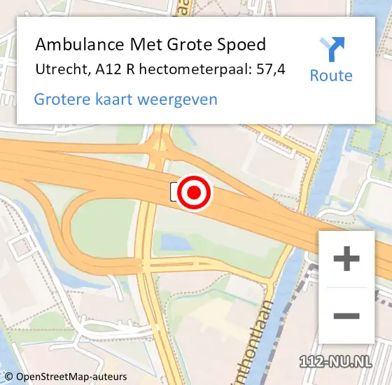 Locatie op kaart van de 112 melding: Ambulance Met Grote Spoed Naar Utrecht, A12 R hectometerpaal: 57,4 op 20 augustus 2018 08:48