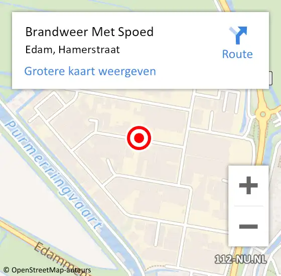 Locatie op kaart van de 112 melding: Brandweer Met Spoed Naar Edam, Hamerstraat op 20 augustus 2018 10:41