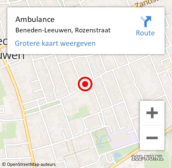 Locatie op kaart van de 112 melding: Ambulance Beneden-Leeuwen, Rozenstraat op 20 augustus 2018 11:28