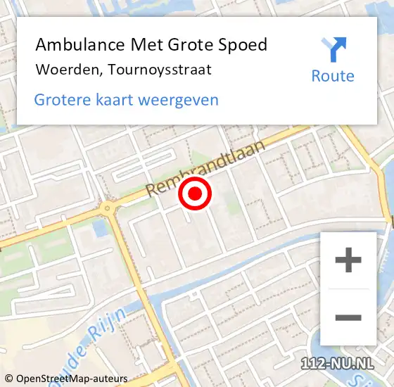 Locatie op kaart van de 112 melding: Ambulance Met Grote Spoed Naar Woerden, Tournoysstraat op 20 augustus 2018 16:22