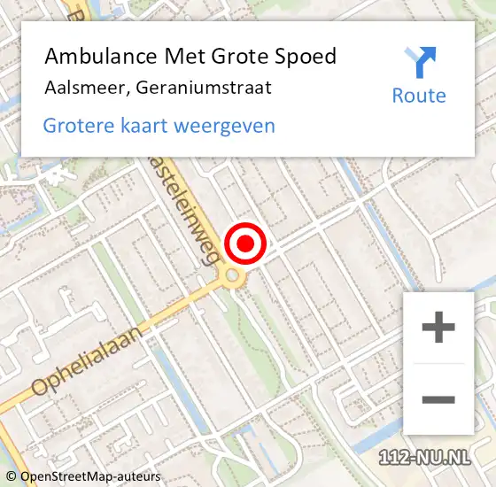 Locatie op kaart van de 112 melding: Ambulance Met Grote Spoed Naar Aalsmeer, Geraniumstraat op 20 augustus 2018 17:05