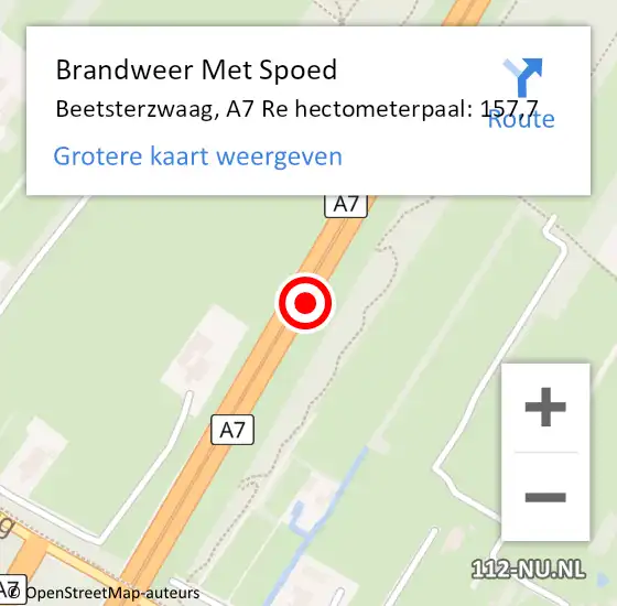 Locatie op kaart van de 112 melding: Brandweer Met Spoed Naar Beetsterzwaag, A7 Re hectometerpaal: 157,7 op 21 augustus 2018 07:34