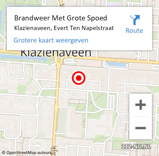 Locatie op kaart van de 112 melding: Brandweer Met Grote Spoed Naar Klazienaveen, Evert Ten Napelstraat op 21 augustus 2018 16:38
