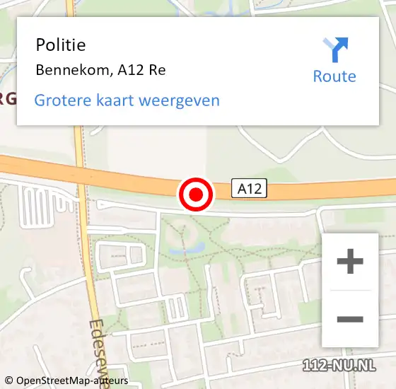 Locatie op kaart van de 112 melding: Politie Bennekom, A12 Re op 21 augustus 2018 19:21