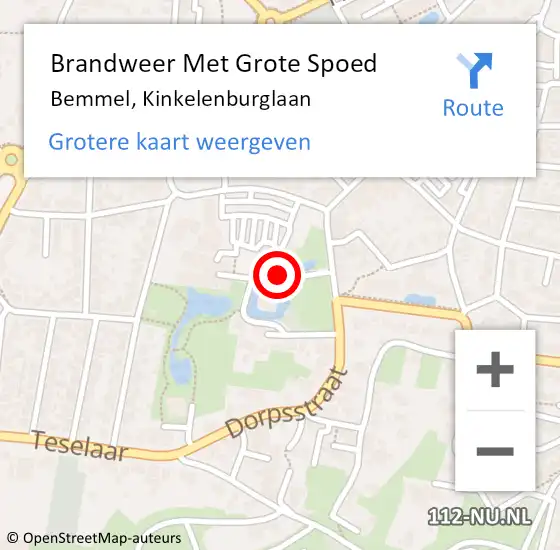 Locatie op kaart van de 112 melding: Brandweer Met Grote Spoed Naar Bemmel, Kinkelenburglaan op 22 augustus 2018 02:05
