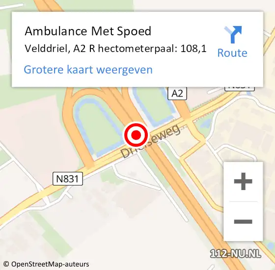 Locatie op kaart van de 112 melding: Ambulance Met Spoed Naar Velddriel, A2 R hectometerpaal: 108,1 op 22 augustus 2018 13:40
