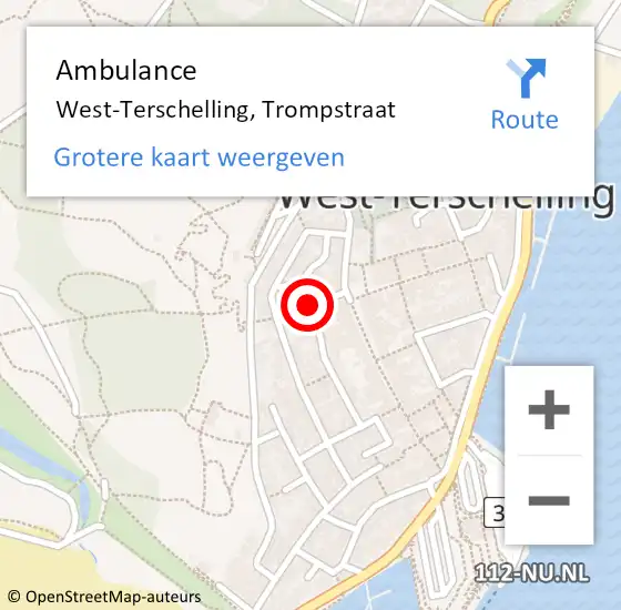 Locatie op kaart van de 112 melding: Ambulance West-Terschelling, Trompstraat op 22 augustus 2018 23:23