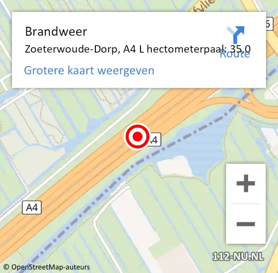 Locatie op kaart van de 112 melding: Brandweer Zoeterwoude-Dorp, A4 L hectometerpaal: 35,0 op 26 augustus 2018 22:18