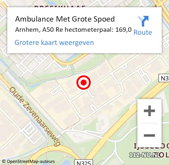 Locatie op kaart van de 112 melding: Ambulance Met Grote Spoed Naar Arnhem, A50 Re hectometerpaal: 169,0 op 28 augustus 2018 16:05