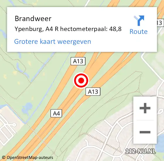 Locatie op kaart van de 112 melding: Brandweer Ypenburg, A4 R hectometerpaal: 48,8 op 28 augustus 2018 18:38