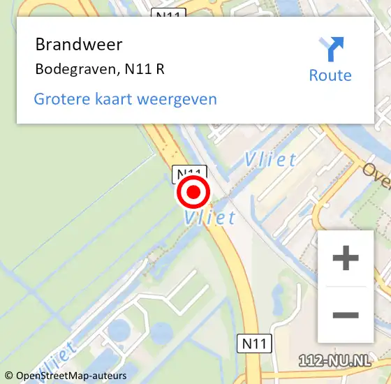 Locatie op kaart van de 112 melding: Brandweer Bodegraven, N11 R op 28 augustus 2018 19:46
