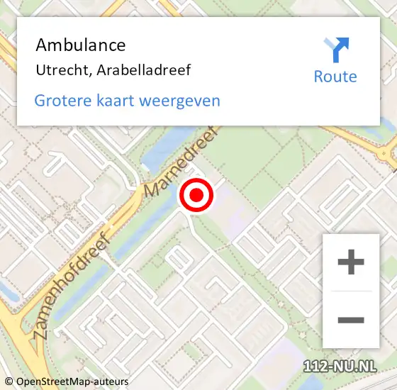 Locatie op kaart van de 112 melding: Ambulance Utrecht, Arabelladreef op 2 september 2018 00:49