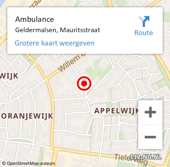 Locatie op kaart van de 112 melding: Ambulance Geldermalsen, Mauritsstraat op 3 september 2018 08:18