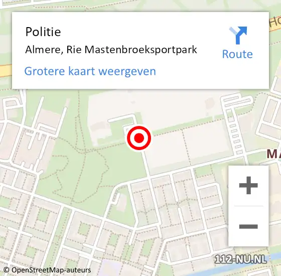 Locatie op kaart van de 112 melding: Politie Almere, Rie Mastenbroeksportpark op 4 september 2018 19:52