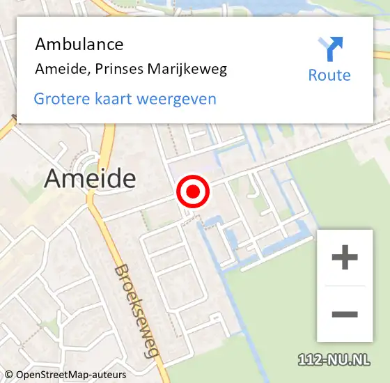Locatie op kaart van de 112 melding: Ambulance Ameide, Prinses Marijkeweg op 6 september 2018 09:30