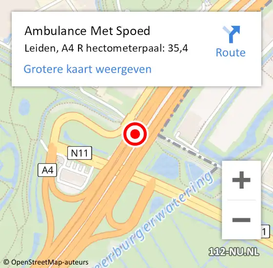 Locatie op kaart van de 112 melding: Ambulance Met Spoed Naar Leiden, A4 R hectometerpaal: 35,4 op 6 september 2018 23:06