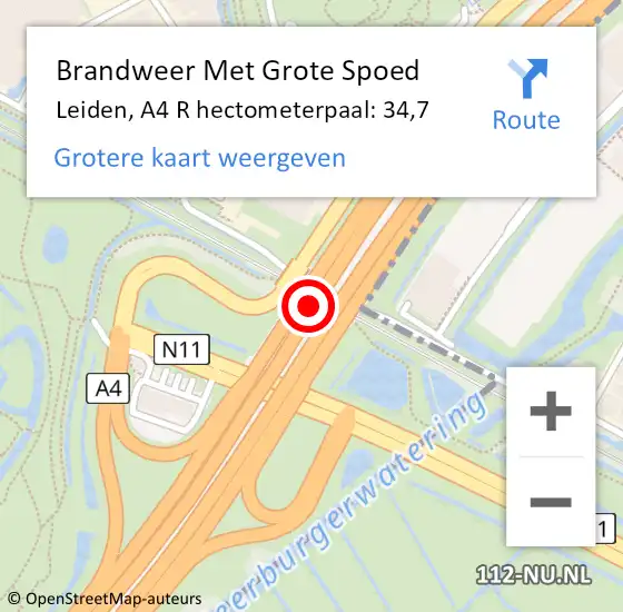 Locatie op kaart van de 112 melding: Brandweer Met Grote Spoed Naar Leiden, A4 R hectometerpaal: 35,4 op 6 september 2018 23:08