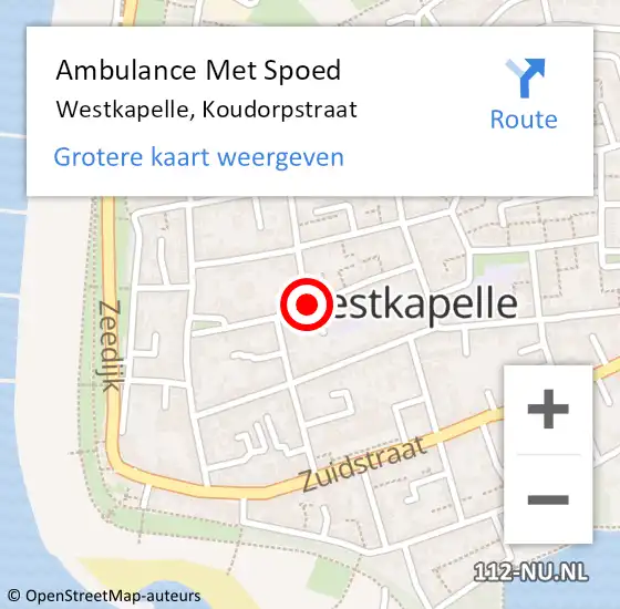 Locatie op kaart van de 112 melding: Ambulance Met Spoed Naar Westkapelle, Koudorpstraat op 7 september 2018 00:46