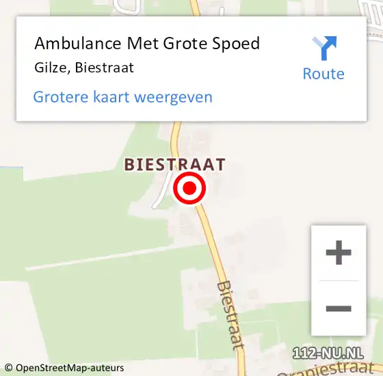 Locatie op kaart van de 112 melding: Ambulance Met Grote Spoed Naar Gilze, Biestraat op 8 september 2018 09:40