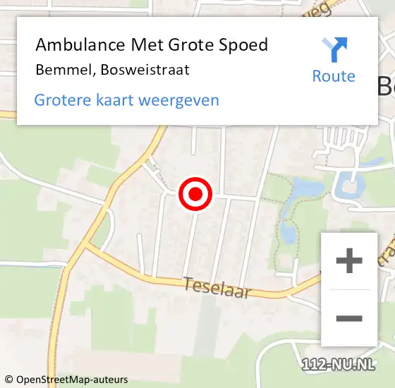 Locatie op kaart van de 112 melding: Ambulance Met Grote Spoed Naar Bemmel, Bosweistraat op 9 september 2018 10:34