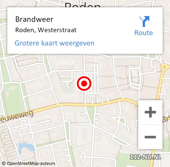 Locatie op kaart van de 112 melding: Brandweer Roden, Westerstraat op 9 september 2018 22:33