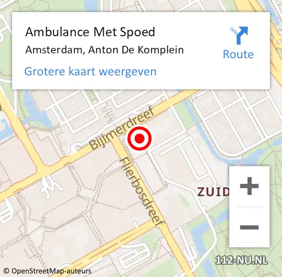 Locatie op kaart van de 112 melding: Ambulance Met Spoed Naar Amsterdam, Anton De Komplein op 10 september 2018 11:02