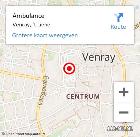 Locatie op kaart van de 112 melding: Ambulance Venray, 't Liene op 10 september 2018 16:49