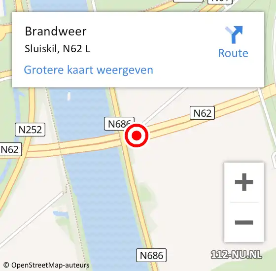 Locatie op kaart van de 112 melding: Brandweer Sluiskil, N62 L op 10 september 2018 21:03