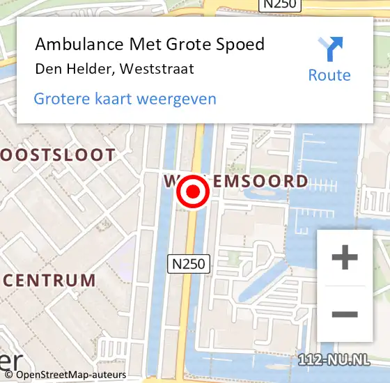 Locatie op kaart van de 112 melding: Ambulance Met Grote Spoed Naar Den Helder, Weststraat op 11 september 2018 16:05