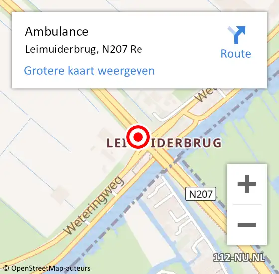 Locatie op kaart van de 112 melding: Ambulance Leimuiderbrug, N207 Re op 11 september 2018 21:44