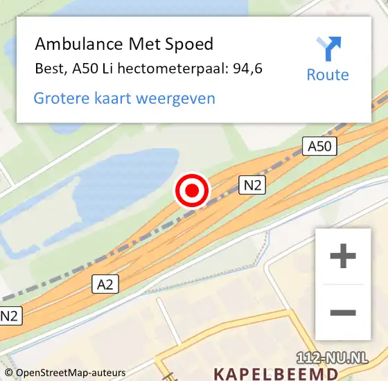 Locatie op kaart van de 112 melding: Ambulance Met Spoed Naar Best, A50 Li hectometerpaal: 94,6 op 14 september 2018 20:03