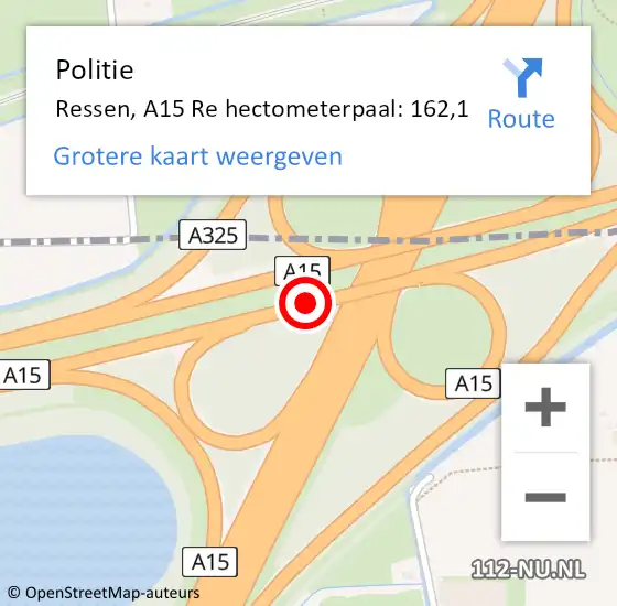 Locatie op kaart van de 112 melding: Politie Ressen, A15 Re op 15 september 2018 17:05