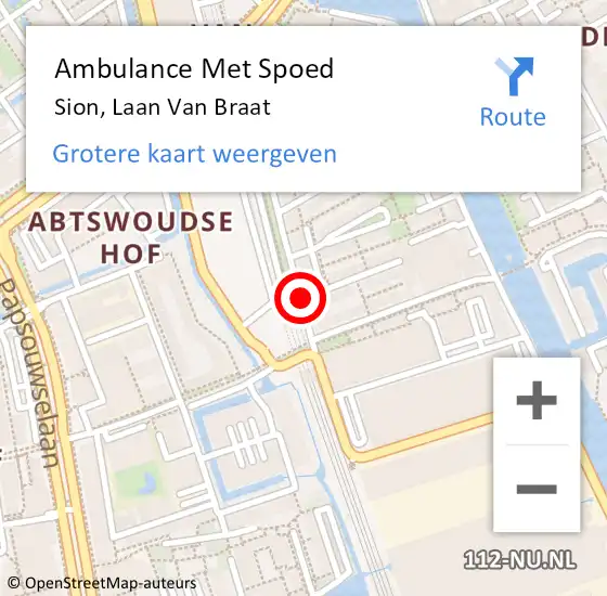 Locatie op kaart van de 112 melding: Ambulance Met Spoed Naar Sion, Laan Van Braat op 16 september 2018 02:54