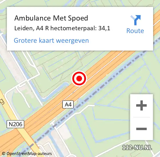 Locatie op kaart van de 112 melding: Ambulance Met Spoed Naar Leiden, A4 R hectometerpaal: 34,1 op 18 september 2018 04:57