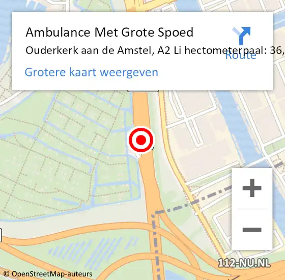 Locatie op kaart van de 112 melding: Ambulance Met Grote Spoed Naar Ouderkerk aan de Amstel, A2 Li hectometerpaal: 36,3 op 18 september 2018 15:41