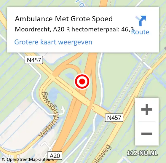 Locatie op kaart van de 112 melding: Ambulance Met Grote Spoed Naar Moordrecht, A20 R hectometerpaal: 43,3 op 18 september 2018 18:20