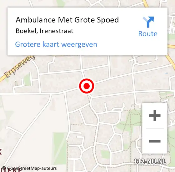 Locatie op kaart van de 112 melding: Ambulance Met Grote Spoed Naar Boekel, Irenestraat op 19 september 2018 21:10