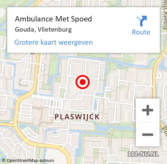 Locatie op kaart van de 112 melding: Ambulance Met Spoed Naar Gouda, Vlietenburg op 20 september 2018 03:39